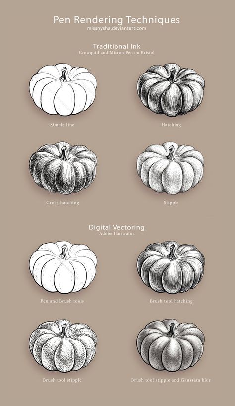 Pen Rendering Techniques by MissNysha on deviantART Pen Rendering, Micron Pen Art, Pumpkin Painted, Ink Drawing Techniques, Classe D'art, Rendering Techniques, Science Illustration, Pen Art Drawings, Shading Techniques