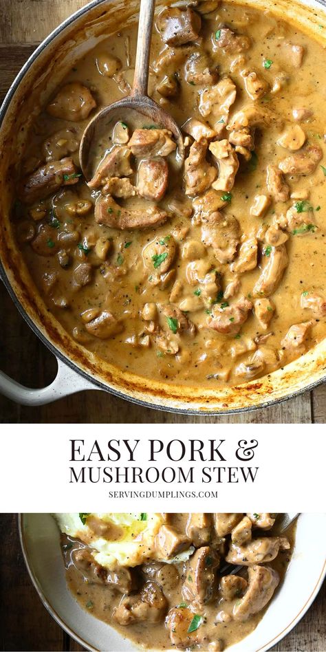 Easy Pork and Mushroom Stew Pork And Mushroom Recipes Slow Cooker, Pork Stew With Sweet Potato, Pork Tenderloin And Mushroom Recipes, Pork And Veggies Recipes, Pork And Vegetable Soup, Pork And Mushroom Stew, Pork And Mushrooms Recipes, Pork Stewing Meat Recipes, Pork And Mushroom Soup