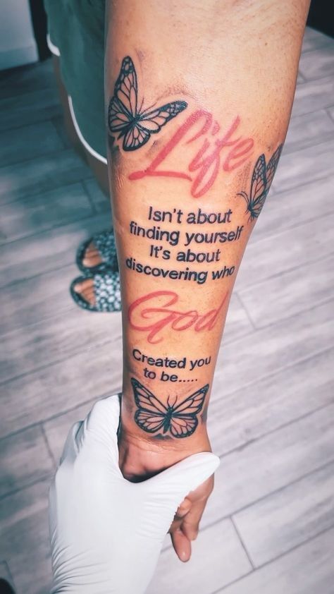 Tattoo Meaning Change And Growth, Life Isn't About Finding Yourself Tattoo, Momerial Tattoos, You Never Know How Strong You Are Tattoo, Outline Sleeve Tattoo, Way Tattoo Ideas, Faith Based Tattoos For Women, Arm Butterfly Tattoos For Women, Lower Leg Tattoos Women Unique