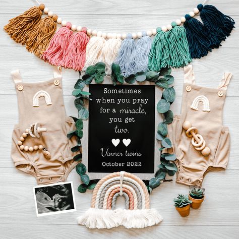 "This is a customizable,  twin rainbow baby themed, pregnancy announcement template for you to share on social media or to print. You can edit it yourself right after purchasing so you can announce your news quickly with friends & family! I remember how excited I was to share the news I was expecting once I found out, and I did not want to wait! I have designed this customizable digital template so there is no need to wait! Simply purchase, edit the template with your desired info, download your JPG, and share the good news right away! Try before you buy! Copy and paste this URL into your browser to see what customizing your own announcement will look like after purchase!  https://www.corjl.com/d/18CJO4 DIGITAL FILE ONLY. No Physical item will be shipped. Since this is a real photograph, p Rainbow Twins Announcement, Christmas Rainbow Baby Announcement, Long Awaited Pregnancy Announcement, Twins Baby Announcement, Double Rainbow Baby Announcement, Twin Announcement Ideas, Expecting Twins Announcement, Announcing Twins, Pregnancy Announcement Rainbow Baby