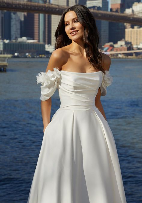 Soliel Wedding Dress Satin Wedding Dress With Straps, Straight Neck Wedding Dress, Mid Size Wedding Dresses, Bridesmaid Ideas, Bridal Store, Liquid Satin, Wedding Dresses With Straps, Mother Wedding Dress, Duchess Satin