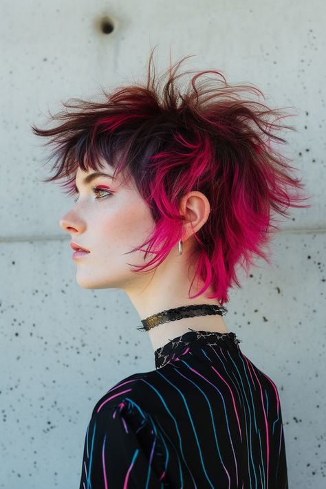 91+ Shaggy Mullet Hair Ideas For Women Short Hair Bright Colors, Magenta Hair Short, Short Magenta Hair, Mullet Hair Color Ideas, Mullet Color, Color Mullet, Short Hairstyles With Highlights, Short Hair Color Highlights, Bright Hair Color Ideas