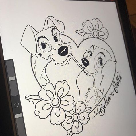 Lady And The Tramp Svg Free, Lady And The Tramp Tattoo Ideas, Lady And The Tramp Drawing, Lady And The Tramp Tattoo, Disney Love Drawings, Disney Savings Jar, Disney Couple Tattoos, Grinch Tattoo, Cinnabon Recipe