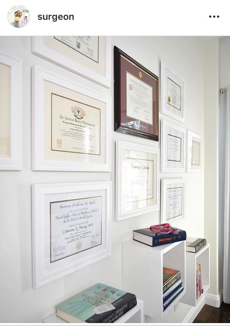 Degree Display Ideas, Dr Cat, Diploma Display, Degree Display, Coastal Office, Dermatology Office, Clinic Interior, Office Inspo, Cute Office