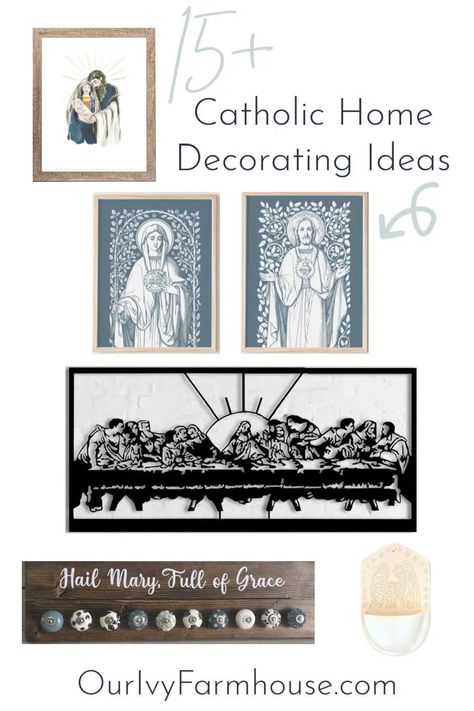 6 different Catholic items on a white background including a picture of the Holy Family, the Sacred Heart of Jesus and Immaculate Heart of Mary in blue, a black metal cut out of the Last Supper, a farmhouse style rosary holder, and white Holy water fount. Family Altar Catholic Home, Catholic Minimalism, Modern Altar Design Home Catholic, Catholic Decor Home Ideas, Catholic Home Altar Ideas, Prayer Wall Ideas Home, Catholic Bedroom, Home Altar Catholic Beautiful, Catholic Prayer Corner