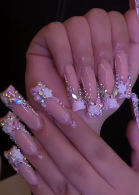 Light Pink Square Nails With Rhinestones, Long Acrylic Nails Diamonds, Bling Nails With Initials, Rihnstone Placement On Nails, Hello Kitty Bling Nails, Nails With Pink Rhinestones, Nail With Gems, Pink Bling Nails Rhinestones, Full Bling Nails