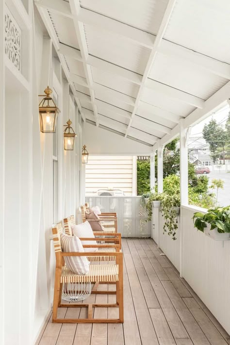 Modern Queenslander, Queenslander Renovation, Queenslander House, Front Verandah, Corrugated Metal Roof, Porch Roof, Roof Design, Metal Roof, White Walls