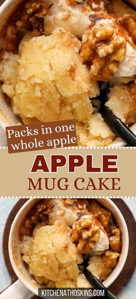 Learn how to make the best apple mug cake in microwave that is easy, eggless and can be made vegan. This easy apple dessert is made using one whole apple and is perfect for fall served with ice cream. Get the microwave cake with apple in a mug at kitchenathoskins.com. Apple Crisp In A Cup Mugs, Quick Desserts Microwave, Mug Pie Recipes, Cherry Pie In A Mug, Mug Apple Crumble, Milk Free Mug Cake, Easy Cake In A Cup Recipe, Apple Crisp For One Microwave, Microwave Apple Recipes