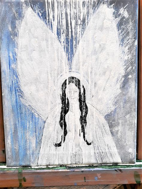 Newly listed today! Small Angel Painting in Acrylics on Canvas, Angel Wings Original Art in White, Blue and Grey 8" x "10 / 20 x 25cm https://etsy.me/2GPjh6Z #entryway #stretchedcanvas #expressionist #horizontal #religious #contempora Angelic Art, Large Angel Wings, Celestial Being, Original Canvas Art, Small Angel, Art Christmas Gifts, Long Dark Hair, Angel Painting, Celestial Art