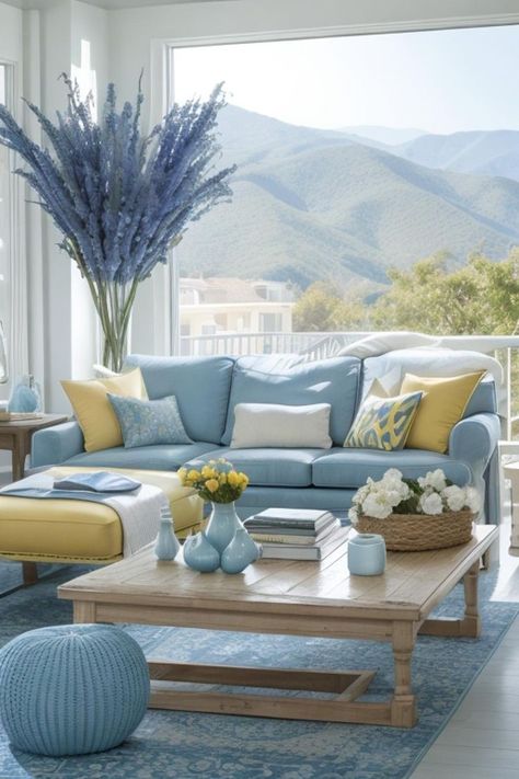 Blue And Yellow Living Room, Yellow Mountains, Beach House Decor Living Room, Light Blue Living Room, Blue And White Living Room, Styl Hampton, Coastal Decorating Living Room, Colourful Living Room Decor, Beach House Living Room