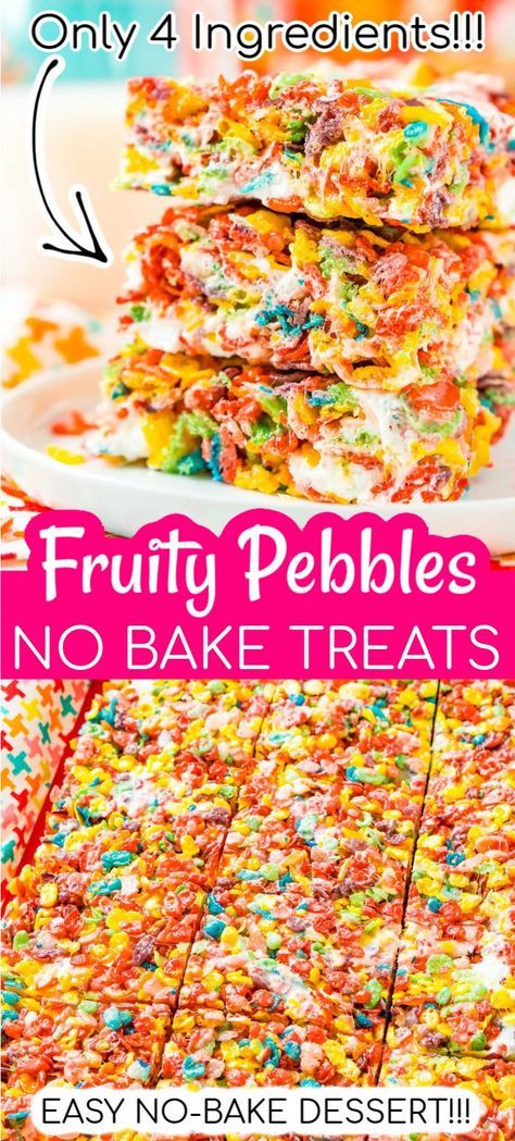 These Fruity Pebbles Treats are a fun and fruity twist on the classic no-bake dessert made with Rice Krispies cereal. They are made with the perfect blend of cereal, butter, and marshmallows and take just 7 minutes to prepare! via @sugarandsoulco Fruity Pebbles Treats, Rice Krispies Cereal, Fruity Pebbles Cereal, Dessert Oreo, Rice Recipes For Dinner, Marshmallow Treats, Cereal Treats, Rice Crispy Treats, Fruity Pebbles