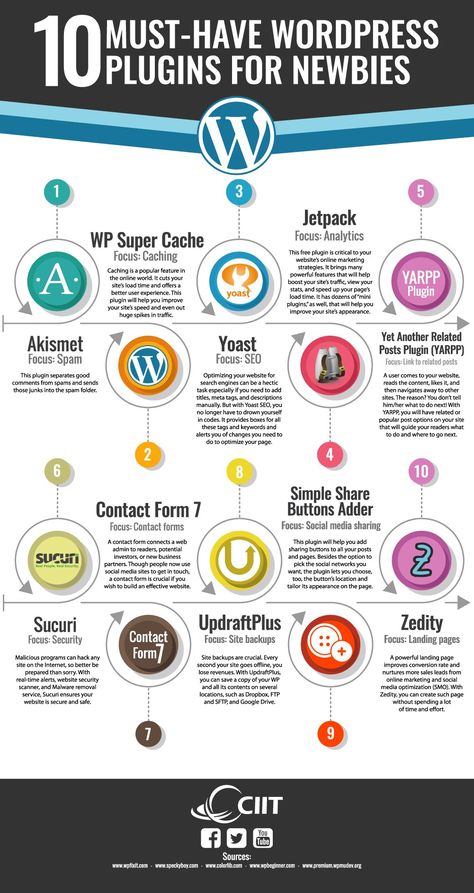 10 Must-Have WordPress Plugins for Newbies - CIIT Infographic - WordPress for Business General Knowledge Book, Wordpress Tutorials, Film Making, Web Design Software, Wealth Management, User Guide, Successful Blog, Wordpress Plugins, Design Software