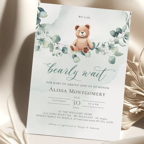 Teddy Bear with Eucalyptus Baby Shower Invite  Zazzle Teddy Bear Baby Shower Invitations, Budget Baby Shower, Baby On A Budget, We Can Bearly Wait, Bear Invitations, Baby Event, Bearly Wait, Baby Shower Invitaciones, Printable Invitation Templates