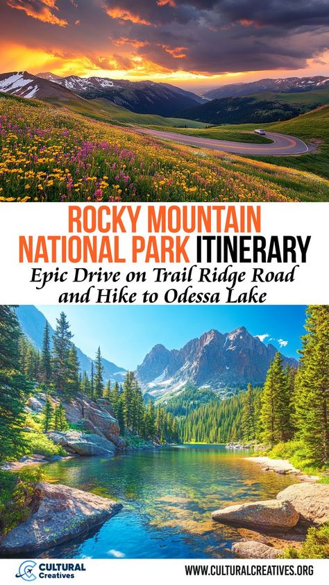 Rocky Mountain National Park Itinerary showcasing a scenic drive along a curving road through wildflower fields at sunset, and a peaceful lake surrounded by towering mountains and lush forests. Rocky Mountain Road Trip, National Park Itinerary, Road Trip Places, Mountain Adventure, National Park Vacation, Emerald Lake, Sequoia National Park, The Rocky Mountains, Alpine Lake