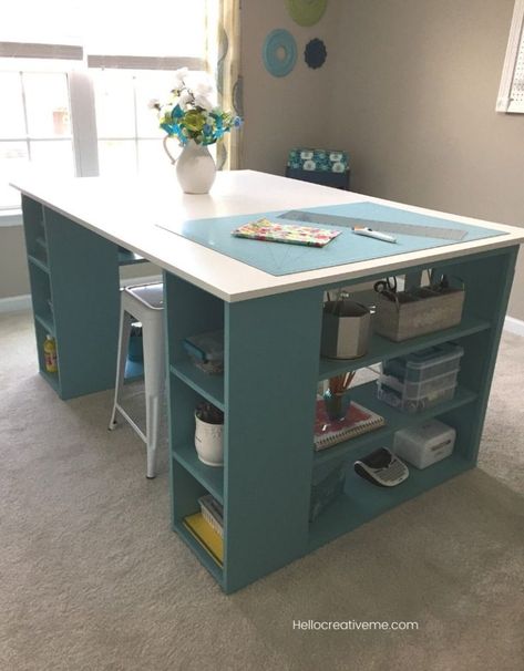 This DIY craft table provides lots of room for crafting and sewing. Get the details here. #DIYcraftroomtable #craftroomtable #sewingtable Office Craft Room Combo, Craft Room Tables, Craft Table Diy, Sewing Room Inspiration, Sewing Room Design, Dream Craft Room, Craft Room Design, Sewing Room Organization, Quilting Room