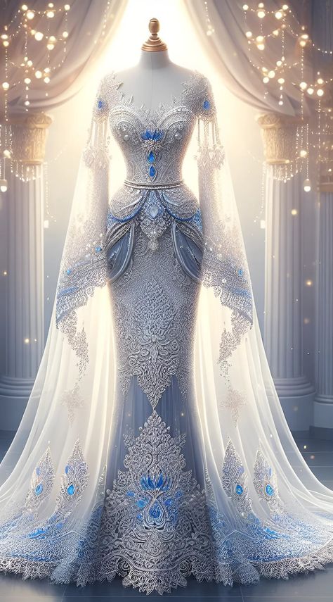 The dress is made of lace fabric designed with pearls and gems 👗👜👠👒 Met Gala Dresses, Beautiful Long Dresses, Classy Prom Dresses, Fashion Design Collection, Fantasy Dresses, Fashion Drawing Dresses, Goddess Dress, Princess Ball Gowns, Dress Design Sketches