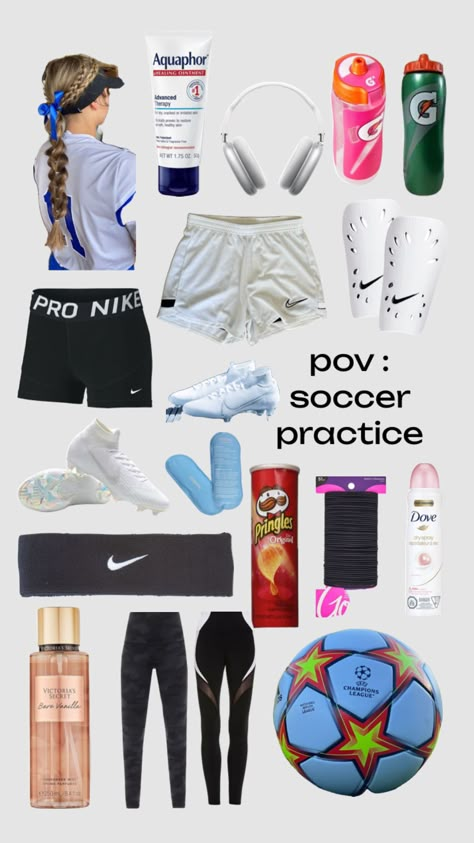 soccer practice Soccer Bag Essentials List, Outfits For Soccer Practice, Soccer Essentials Girls Products, Soccer Outfit Ideas, Outfits For Soccer Games, What To Pack In Your Soccer Bag, Soccer Tryouts Outfits, Cute Soccer Outfits For Practice, What’s In My Soccer Bag