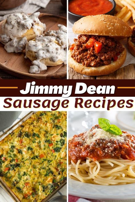 You'll love these simple Jimmy Dean sausage recipes! From quiche to soup to sloppy Joes, these meals are easy and delicious! Jimmy Dean Sausage Appetizer Recipes, Bulk Breakfast Sausage Recipes, Jimmy Dean Sausage Breakfast Casserole, Recipes With Jimmy Dean Ground Sausage, Hot Jimmy Dean Sausage Recipes, Recipes Using Jimmy Dean Sausage, Jimmy Dean Pork Sausage Recipes, Jimmie Dean Sausage Recipes, Ground Breakfast Sausage Recipes Dinners