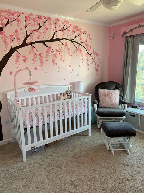 Baby Girl Room Wall Painting Ideas, Cherry Blossom Nursery Theme, Mulan Cherry Blossom, Girly Nursery Ideas, Cherry Blossom Nursery, Tree Branch Wall Art, Nursery Wall Painting, Easy Flower Painting, Diy Room Decor For Teens