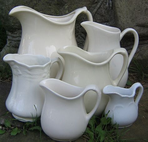 White Pitchers, Vintage Ironstone, White Pitcher, Vintage Pitchers, White Dishes, White Pottery, Vintage Dishes, Shades Of White, Vintage Pottery