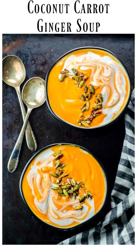 This beautiful orange colored, nutrient-rich carrot ginger soup is simple enough to serve at any weekday meal, but will also steal the show at your holiday dinner!    #soup #carrot #ginger #coconut #vegan #glutenfree #recipe via @mayihavethatrecipe Rush Hashana, Vege Soups, Soup Carrot, Rosh Hashanah Recipes, Dinner Soup, Pudding Chia, Glutenfree Recipe, Soup Ideas, Winter Soup Recipe