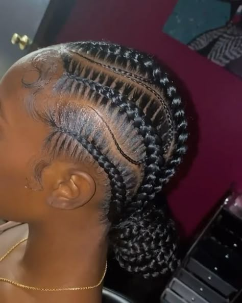 Aug 23, 2021 - This Pin was discovered by Nicola Haynes. Discover (and save!) your own Pins on Pinterest Braided Side Bun For Black Women, Stitch Braids With Small Braids In Between, Stitch All Back Cornrows, All Back Stitches Hairstyle, Stitches All Back Hairstyle, Stitches Braids For Black Women, Cornroll All Back Styles, Straight Back Stitch Braids With Bun, Stitch Braid Hairstyles For Black Women