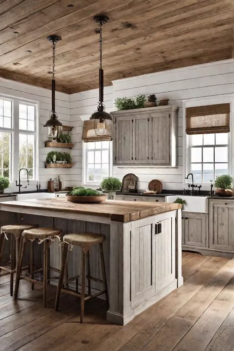 Farmhouse Kitchen With Shiplap Walls, Country Cabinets Farmhouse Style, Urban Rustic Kitchen, Shiplap In The Kitchen, Shiplap Cabin Walls, Lake Cabin Kitchen Ideas, Barndo Kitchen Cabinets, Cozy Lake House Kitchen, Kitchen With Shiplap Ceiling