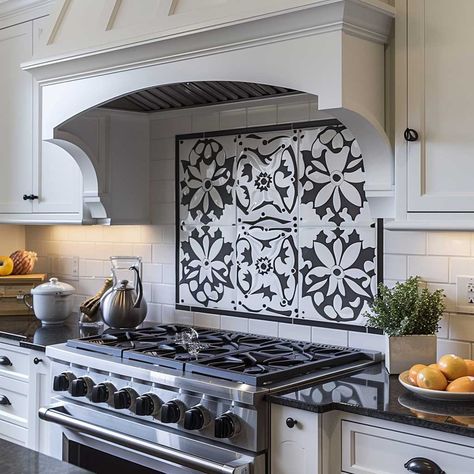 12 Bold Kitchen Backsplash Tile Ideas in Black • 333+ Art Images Tile Backsplash Above Stove, Kitchen Backsplash Above Stove, Kitchen Backsplash Ideas Black And White, Black White Kitchen Backsplash, Black And White Backsplash Ideas, Behind Stove Backsplash, Black And White Backsplash, Black Marble Tile, Black Mosaic Tile