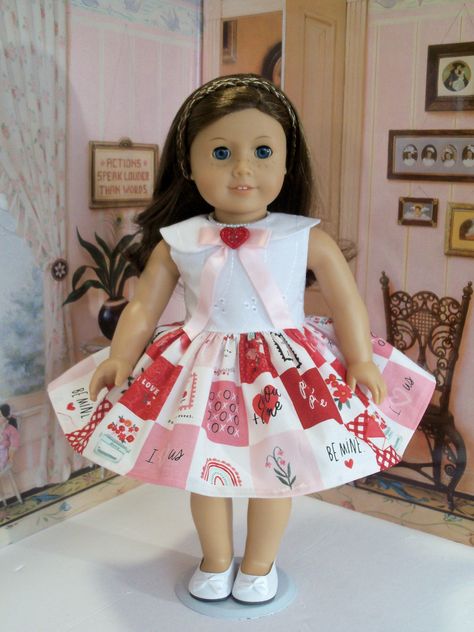 Fits Like American Girl Doll Clothes / Farmcookies 18 Inch Valentine Dress / 18" Doll Clothes for American Girl Girl Valentines, American Girl Doll Diy, American Girl Patterns, Dolls Dress, American Girl Doll Accessories, American Girl Doll Clothes, Sewing Doll Clothes, Doll Diy, Valentine Dress