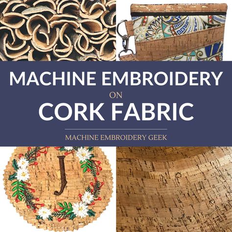 Machine embroidery on cork fabric https://www.machineembroiderygeek.com/machine-embroidery-on-cork-fabric/ Machine Embroidery Free Designs, Cork Fabric Projects, Machine Embroidery Christmas Gifts, Embroidery Bobbins, Cork Purse, Machine Embroidery Thread, Material Wreaths, Hoop Projects, Fabric Placemats