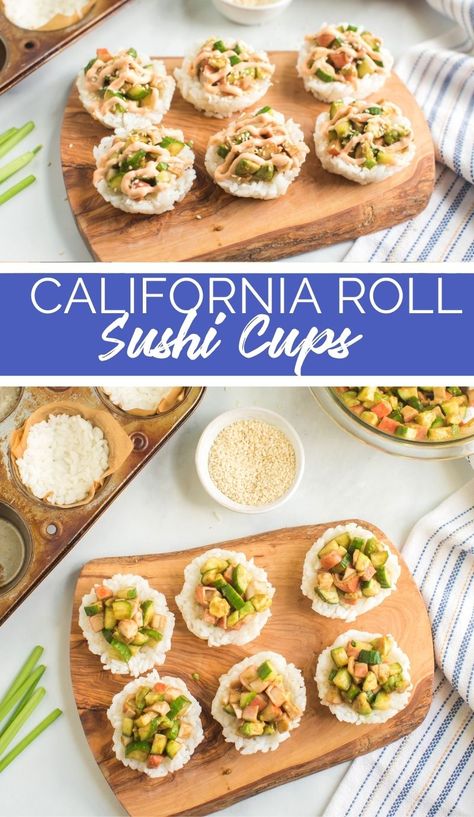 These California Roll Sushi Cups are much easier to make than your tradition sushi rolls, but pack all the amazing flavors! via @familyfresh California Roll Dip, Crispy Rice California Roll, Asparagus Sushi Rolls, Shrimp Sushi Cups, Strawberry Sushi Roll, California Sushi Rolls, White Party Foods, Sushi Cups, Low Carb Sushi