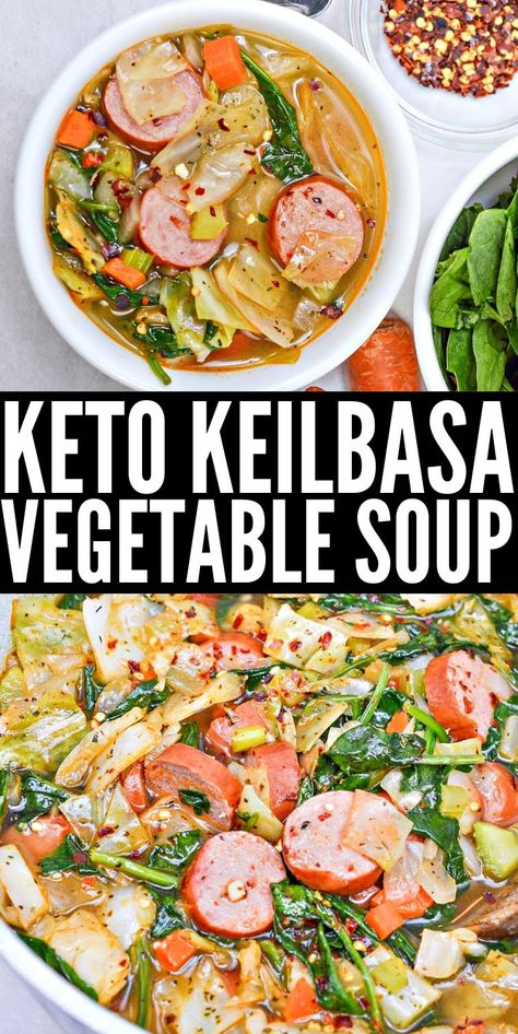 Keto Kielbasa Sausage and Vegetable Soup #ketokeilbasaandvegetablesoup #keilbasaandvegetablesoup Keto Kielbasa Soup Recipes, Keto Celery Soup, Healthy Soups And Stews Low Carb, Keilbasa Recipes Low Carb, Keto Celery Recipes, Keto Vegetable Soup Recipes, Cabbage Keto Recipes, Vegetable Soup Keto, Keto Kielbasa