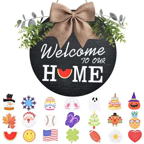 PRICES MAY VARY. WELCOME SIGN FOR ALL SEASONS! :This "Welcome Home" wall art decoration shows heart-welcoming vibes for anyone entering your home.With these 21 Holiday-Themed Pieces,which represent the various seasons and holidays,this interchangeable Welcome Home Sign greet your guests or your friends all year round with new feeling.No need to waste money to purchase different front door signs,just change the changeable holiday accessories for different festivals,different seasons or special da Porch Door Decor, Wood Wreaths, Front Porch Door, Porch Door, Welcome Signs Front Door, Welcome Home Signs, Porch Doors, Wood Wreath, Holiday Accessories