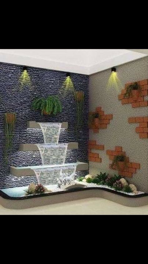 Small Wall Fountain, Waterfall Outside House, Balcony Fountain Ideas, Fountain With Plants, Waterfall In House, Wall Fountain Ideas, Waterfall Backyard, Granite Waterfall, Indoor Wall Fountains