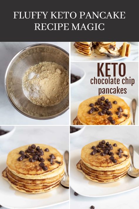 Discover the joy of fluffy Keto pancakes with this simple recipe! Featured are tasty ingredients, delicious chocolate chip pancakes, and a beautiful stack topped with chocolate chips and syrup in four stunning images. Pancake Recipe Keto, Keto Pancake Mix Recipe, Keto Pancakes Almond Flour 3 Ingredients, Recipe For Fluffy Pancakes, Keto Pancake Recipe, Low Carb Pancake, Best Keto Pancakes, Pancake Mix Recipe, Fluffy Pancake Recipe