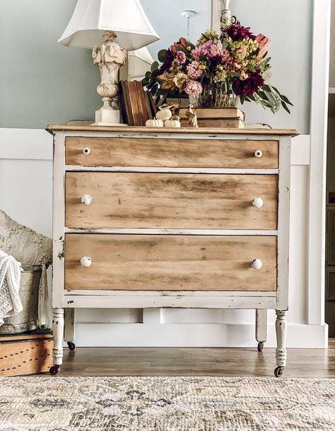 Thrifted Treasure - a vintage dresser beautified | LeCultivateur Refinished Vintage Vanity, Antique Refurbished Furniture, Repurposed End Tables Ideas, Refinished Antique Furniture, Vintage Dresser Makeover Antique, Tan Chalk Paint Furniture, Neutral Painted Furniture, Two Toned Dresser Makeover, Refinished Dresser Ideas