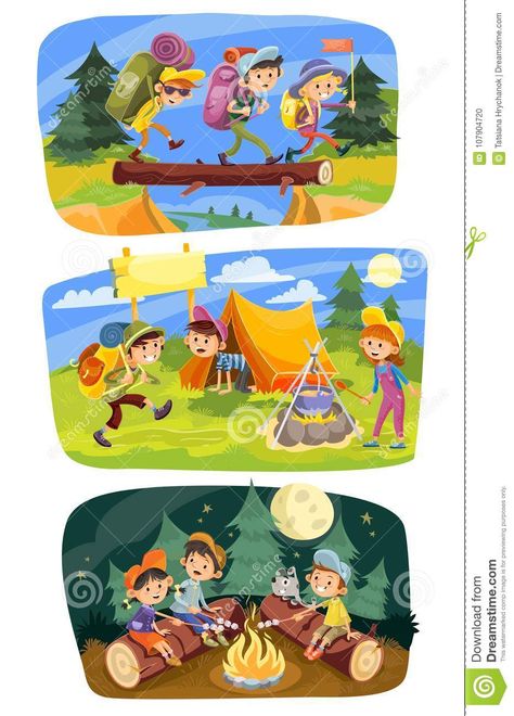 Camping Vector, Camping Cartoon, Camping Illustration, Illustration Children, Fish Illustration, Hiking Adventure, Concept Illustration, Summer Camping, Family Illustration