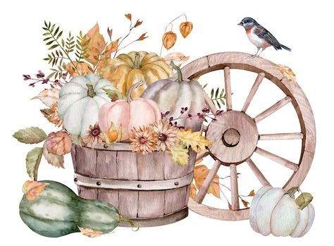 Watercolor rustic composition with pumpk... | Premium Photo #Freepik #photo #watercolor-pumpkin #pumpkin #fall-flower #autumn-flowers Wooden Wagon Wheels, Fall Napkins, Halloween Napkins, Papel Vintage, Wooden Wagon, Paper Napkins For Decoupage, Decoupage Napkins, Wagon Wheel, Art Clipart