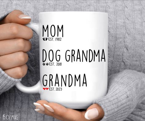 "This personalized Mom est Grandma est Pregnancy Announcement mug is a super cute Promoted to New Grandma gift. Perfect for Pregnancy Reveal, Baby Announcement, Baby Shower to show your love and appreciation. Just order from this listing and put your request in the personalization box provided. 💥IMPORTANT:   Please make sure the TEXT and EST Years are correct.  The information provided by you is final. To speed up processing, proofs will Not be sent to you prior to printing.  Please also includ Mom Est Grandma Est, New Grandma Announcement, Grandparent Announcement Ideas, Grandma Reveal Ideas, Pregnancy Announcement Including Dog, You’re Going To Be A Grandma Gift, Baby Box Announcing Ideas, 1st Time Grandma Gifts, Promoted To Aunt Pregnancy Announcements