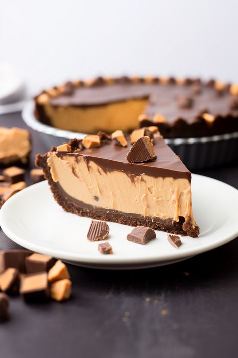 Indulge in the ultimate treat with this Reese's Peanut Butter Cup Pie, a heavenly blend of chocolate ganache, crunchy peanut butter, and a crisp crust. Recipes With Crunchy Peanut Butter, Giant Reese’s Peanut Butter Pie, Peanut Butter And Chocolate Pie, Peanut Butter Pie With Chocolate Ganache, Reeses Peanut Butter Pie Recipes, Chocolate Ganache Pie, Peanut Butter Mousse Cake, Reeses Pie, Peanut Butter Chocolate Pie