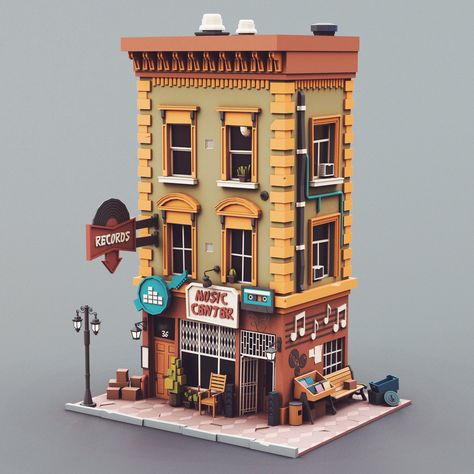 Blender Low Poly Building, Low Poly Building Models, 3d Shop Design, Low Poly Architecture, Low Poly Art 3d, Low Poly Interior, Low Poly Blender, Blender Low Poly, Low Poly Building