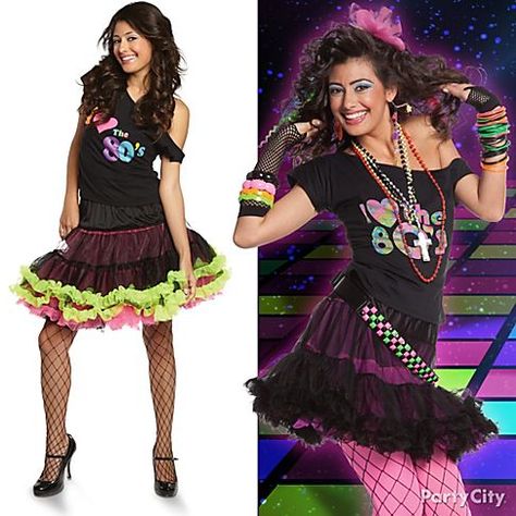 Be, like, totally '80s! Rock your look with gobs of bangles, fishnet gloves, a neon belt and pink leggings. Click for more totally transforming costume ideas! #BeACharacter Punk Outfits 80s, Eighties Costume, Pop Star Costumes, 1980s Costume, 80s Fancy Dress, Pop Party, Woman Costume, 80s Costume, 80s Pop