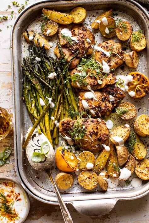 Sheet Pan Lemon Rosemary Dijon Chicken and Potatoes with Feta Goddess Sauce | halfbakedharvest.com Half Baked Harvest Chicken, Potatoes With Feta, Half Baked Harvest Recipes, Dijon Chicken, Chicken And Potatoes, Recipe Sheets, Lemon Rosemary, Harvest Recipes, Half Baked