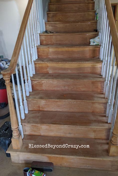 DIY Refinished Staircase - Before and After Pictures - Blessed Beyond Crazy Reclaimed Wood Staircase, Refinished Staircase, Refinished Stairs, Refinish Staircase, Painting Over Stained Wood, Minwax Gel Stain, Diy Fireplace Makeover, Oak Stairs, Staircase Makeover