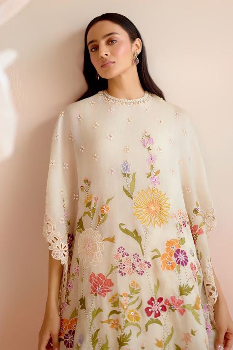 Buy Ivory Silk Organza Embroidery Floral Round Cutwork Kaftan For Women by Chandrima Online at Aza Fashions. Organza Kaftan, Kaftan Pattern, Kaftan Women, Kaftan For Women, Embroidered Kaftan, Organza Embroidery, Kaftan Designs, Applique Work, Designer Kurti Patterns