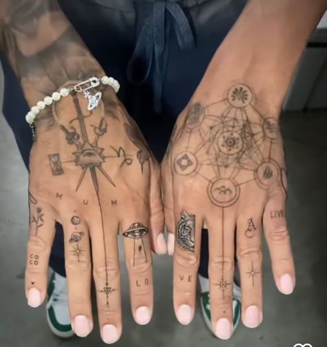 Hand Tattoos For Guys Minimalist, Lewis Hamilton Hand Tattoo, Minimalistic Hand Tattoos For Guys, Finger Tattoos For Men Words, Planet Finger Tattoo, Hand Minimalist Tattoo, Patchwork Hand Tattoos, Male Finger Tattoos, Men’s Finger Tattoos