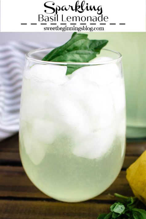 Sparkling Basil Lemonade has a hint of basil and a little bit of bubbly that make this a delicious and fun drink for everyone! #SweetBeginningsBlog #sparklingbasillemonade #BasilLemonade #beverage Basil Ideas, Basil Lemonade Recipe, Basil Drinks, Nice Drinks, Lemon Ice Cubes, Midwest Style, Yummy Summer Drinks, Basil Lemonade, Sparkling Lemonade