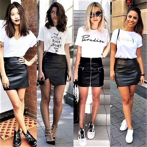 Black Leather Mini Skirt Outfit, Mini Leather Skirt Outfit, Leather Mini Skirt Outfit, Casual Oufits, Skirt Outfit Summer, Leather Skirt Outfit, Mode Tips, Miniskirt Outfits, Outfit Black