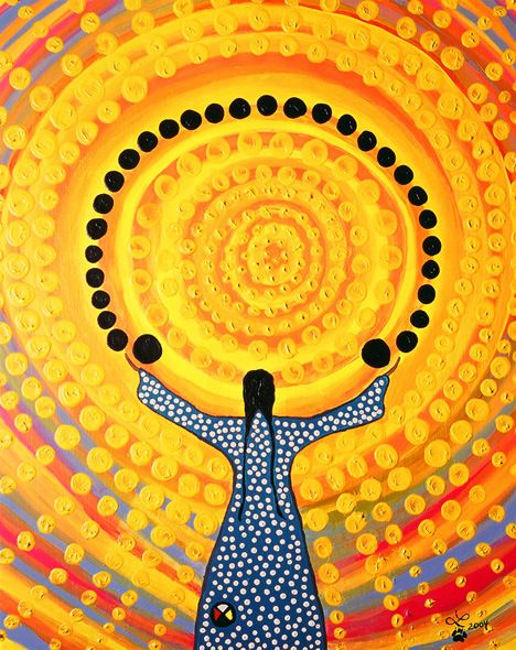 Leah Dorion - Grandfather Sun - Woman accepting his loving radiance into her total being. Art Soleil, Good Day Sunshine, Illustration Photo, Sun Art, Summer Solstice, Indigenous Art, Native Art, Aboriginal Art, Spiritual Art