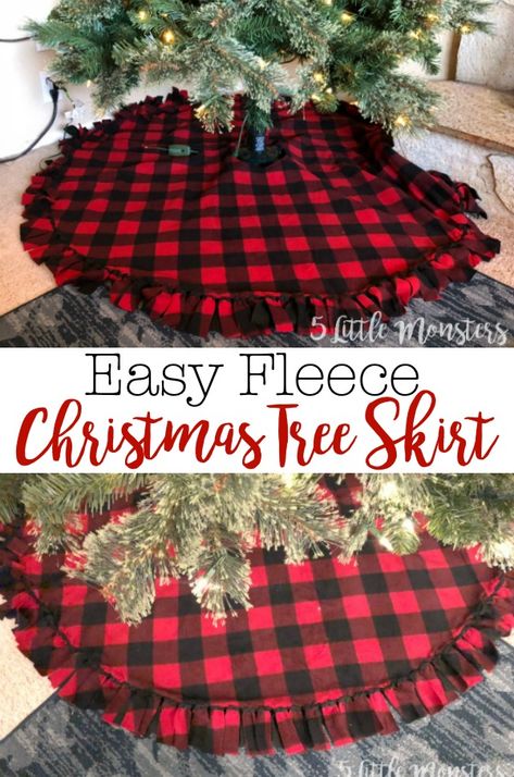 Fleece Christmas tree skirt made with 2 layers of fleece tied around the edge with a velcro closure. Cards Drawing, Diy Christmas Tree Skirt, Christmas Crafts To Make And Sell, Christmas Tree Skirts Patterns, Fleece Skirt, Tree Skirt Pattern, Rainbow Diy, Buffalo Plaid Christmas Tree, Christmas Crafts To Sell